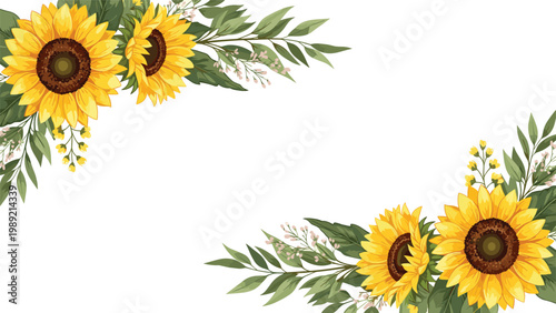 Elegant floral border design with bright yellow sunflowers and green leaves in two opposite corners on a white background for invitations.