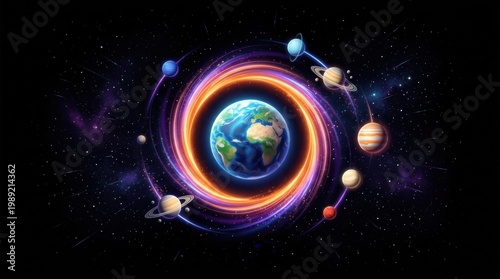 Creative space art featuring Earth inside a glowing colorful nebula