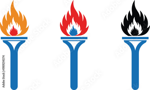 Olympic Flame Torch Icon Set with Colorful Fire Symbols for Sports, Championship, Victory, and Celebration Design Concepts