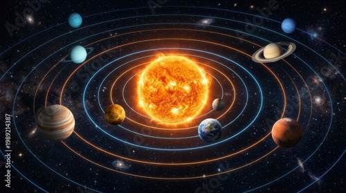 Educational diagram of the solar system showing planetary orbits and the sun