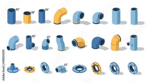Insulated Steam Pipe and Elbow Vector Icon Set: Industrial Flanges, Pipeline Infrastructure, and Plumbing Graphics in 2D Isometric Flat Color Style
