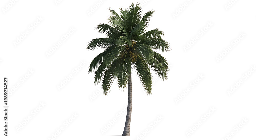Obraz premium A tall, vibrant coconut palm tree with lush green fronds and hanging coconuts isolated on white