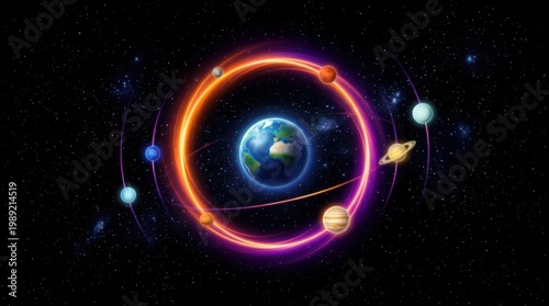 Earth planet surrounded by glowing rings of energy in deep space
