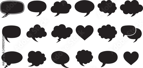 Black speech bubbles, chat icons, conversation symbols, dialogue elements isolated on Transparent Background