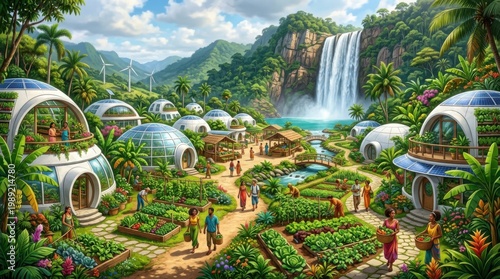 Futuristic eco village with glass dome houses and sustainable gardens