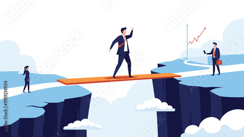 Brave businessman carefully walking across a thin wooden plank over a deep canyon to reach a path leading to financial success and professional growth.