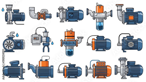 Industrial Water Pump and Circulation Motor Vector Icon Set: Heavy Duty Centrifugal Pumps and Electric Motor Graphics in Navy Blue and Orange Flat