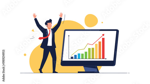 Joyful businessman celebrating next to a large computer monitor displaying a growing bar chart and a red arrow pointing upwards towards success.