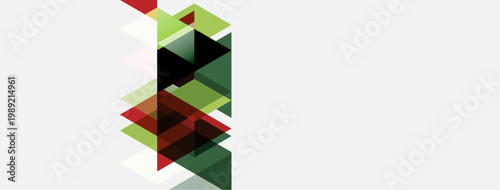 Abstract geometric design. Overlapping squares, triangles create dynamic composition. Green, red hues dominate neutral background. Minimalist style.