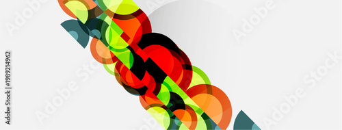 Abstract design features overlapping colorful circles, creating dynamic visual flow. Bright hues contrast with white background.