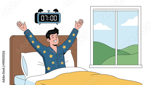 Cheerful young man waking up and stretching in bed under a yellow blanket with an alarm clock showing seven o-clock in the morning.