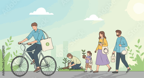 Eco friendly lifestyle vector illustration, people using reusable tote bags and riding bicycle, sustainable green living and tree planting concept