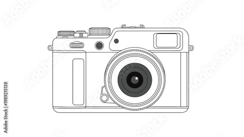 Minimalist black and white line art illustration of a professional vintage style camera isolated on plain white background for photography.