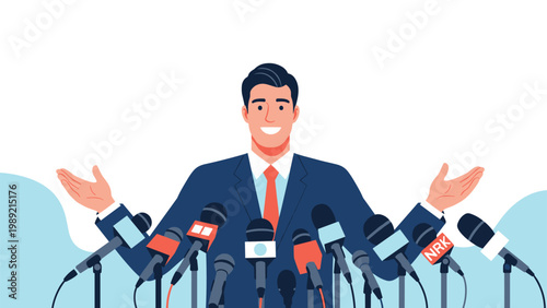 Smiling professional man in a suit standing at a press conference with many microphones from different news agencies and media outlets.