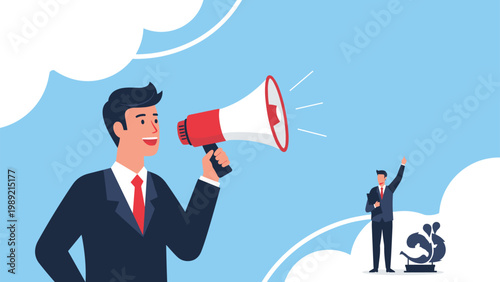 Leader using a megaphone to shout instructions or announcements to a colleague in the distance, representing effective corporate communication.