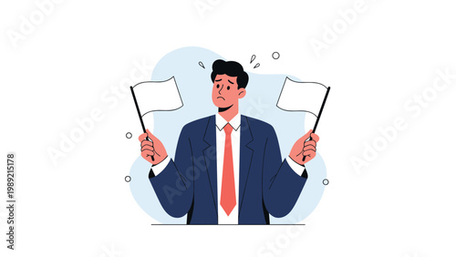 Worried businessman holding two white flags, representing surrender, defeat, or the need to give up in a difficult corporate situation.