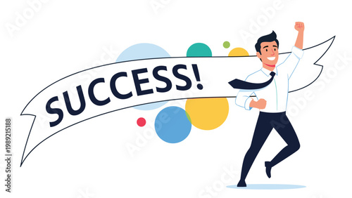 Joyful businessman jumping through a white banner with the word success while celebrating his latest professional achievements and goals.