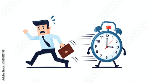 Stressed businessman carrying a briefcase while running away from a giant alarm clock chasing him in a conceptual time pressure scene.