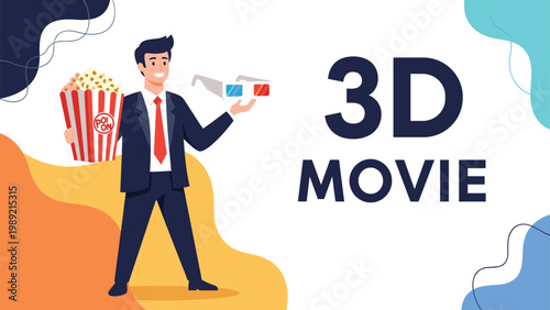 Excited man wearing a suit holding a bucket of popcorn and 3D glasses for a movie cinema experience in a colorful banner illustration.