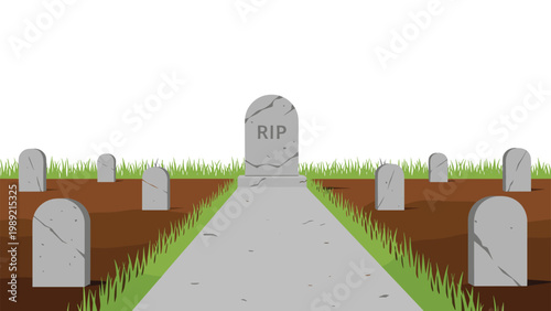 Cemetery graveyard scene featuring several stone headstones and tombstones on brown ground under a white sky background.