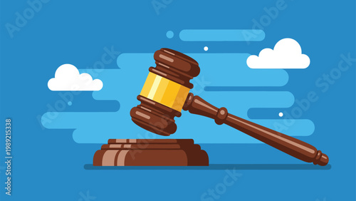 Brown wooden judge gavel and block set against a bright blue sky background with white clouds to represent justice and legal systems.
