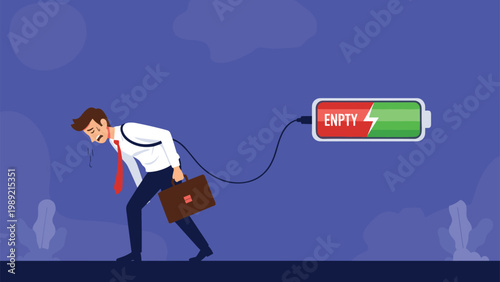 Exhausted businessman dragging a large battery labeled EMPTY, representing burnout, lack of energy, and workplace fatigue issues.