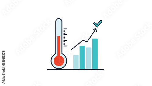 Rising bar graph next to a high temperature thermometer, representing global warming, market heating, or rapid statistical growth.