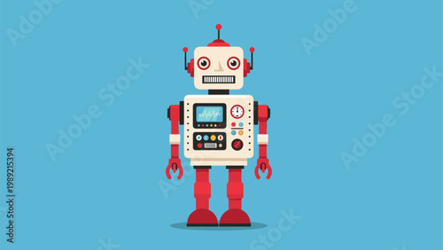 Retro style red and white toy robot standing on a blue background featuring various buttons dials and a screen on its chest area.