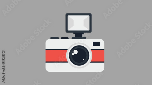 Digital photo camera icon with a flash unit on top and a red stripe design isolated on a plain grey background.