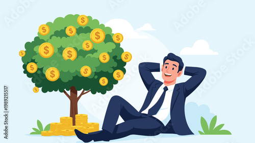 Relaxed businessman leaning against a money tree filled with gold coins, symbolizing passive income and financial freedom in career.