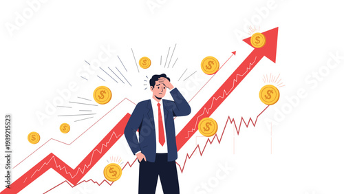 Worried businessman looking stressed by a rising financial graph and falling gold coins representing market volatility.