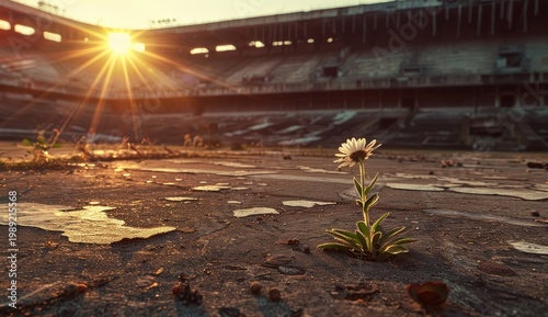 Lone flower grows on deserted stadium field as sun sets; hope concept image