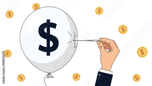 Hand of a person about to pop a large white balloon with a dollar sign on it using a needle to represent an economic bubble bursting.