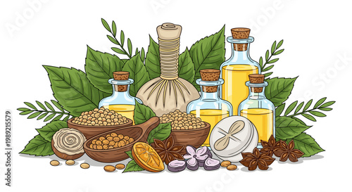 A vibrant illustration of natural ayurvedic ingredients, including essential oils, herbs, spices, and massage tools, perfect for wellness and holistic health themes.