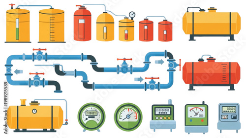 Industrial Fuel Tank and Oil Line Vector Icon Set: Gas Meter, Petroleum Storage, and Energy Infrastructure Icons in Flat Colorful Technical Design