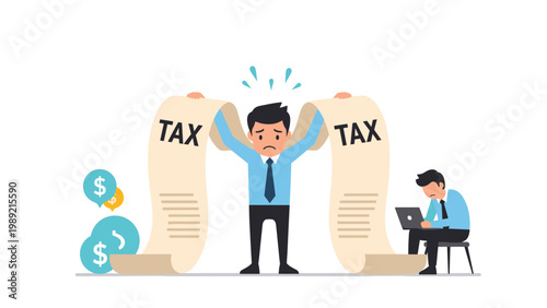 Businessman holding a long tax bill looking stressed and crying while another employee works on a laptop computer.