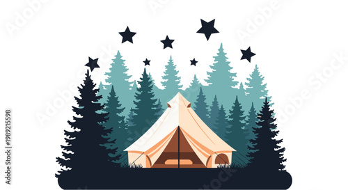 An enchanting bell tent sits nestled within a dense forest of pine trees under a starry night sky, evoking a sense of peaceful wilderness camping.