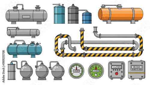 Industrial Fuel Tank and Oil Line Vector Icon Set: Gas Meter, Petroleum Storage, and Energy Infrastructure Icons in Flat Colorful Technical Design