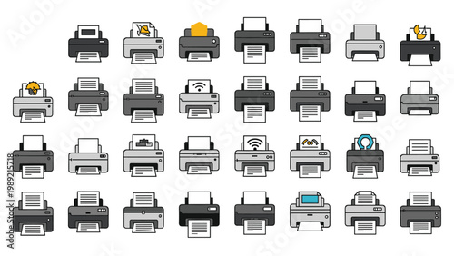 Set of diverse printer icons with paper and various features represents office equipment and document printing services.