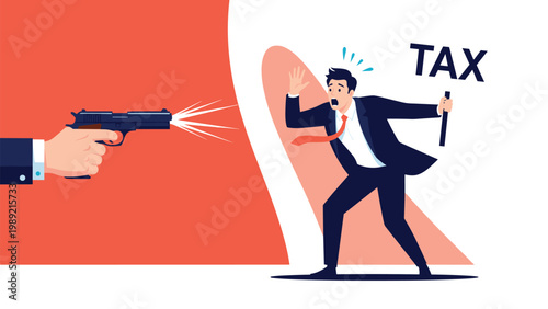Hand holding a gun shooting at a panicked businessman with the word tax appearing in the background for a debt concept.