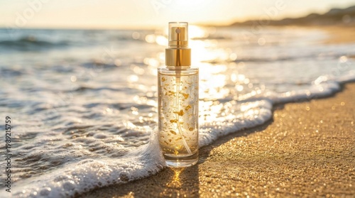 Cosmetic spray bottle on a sandy beach with ocean waves at golden hour