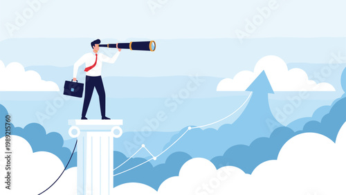 Visionary leader standing on a pillar using a telescope to look at a rising arrow representing long-term business strategy and future goals.