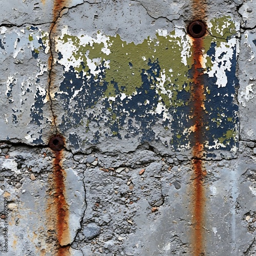 Weathered Concrete Wall with Rusty Metal Bolts and Peeling Paint