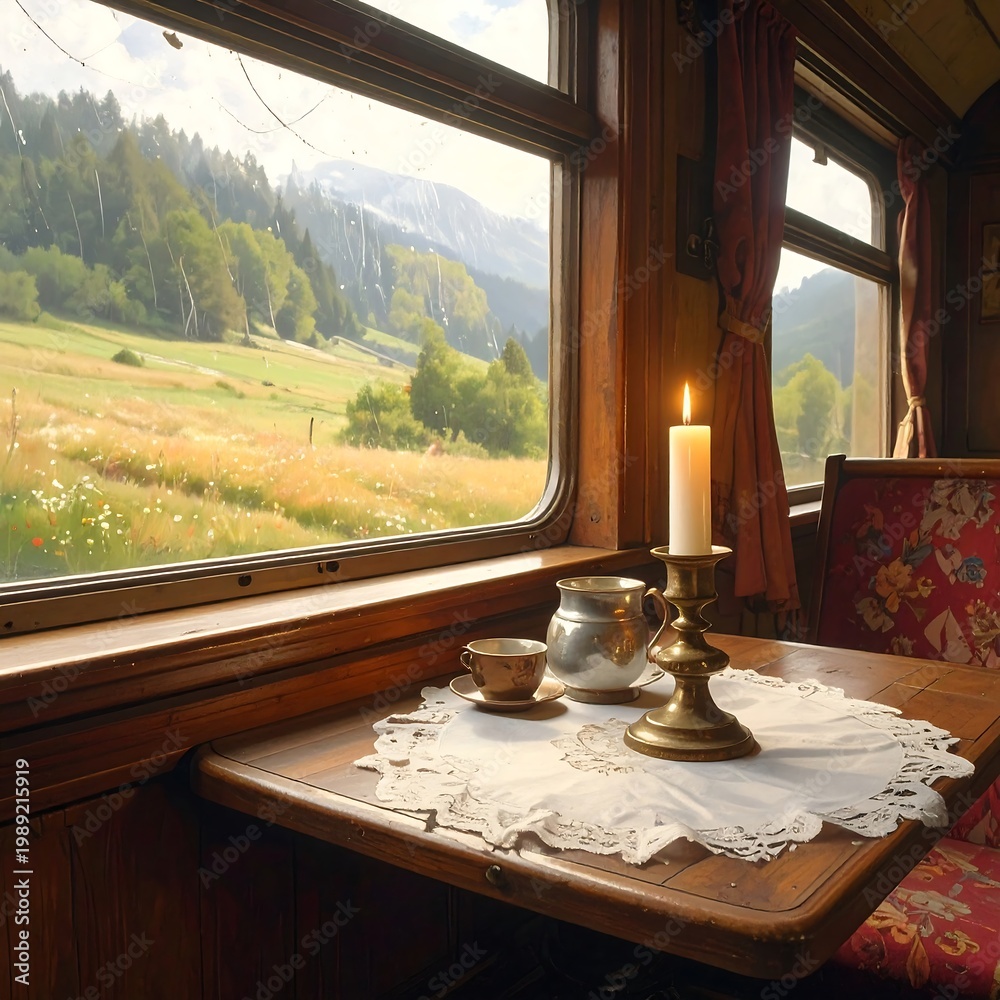Fototapeta premium A serene train interior with a candlelit table overlooking a picturesque countryside