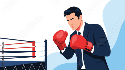 Businessman jumping over a deep canyon between two cliffs towards a hurdle while other employees watch for success.