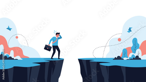 Confused businessman standing at the edge of a deep mountain chasm represents career obstacles and difficult decisions.