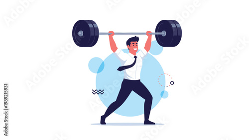 Businessman lifting a heavy barbell over his head represents professional strength and ability to handle pressure.