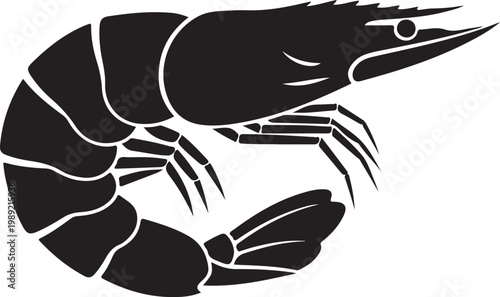 Shrimp Silhouette Illustration, Black and White Seafood Crustacean Icon.