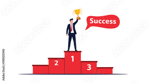 Professional man standing on the number one spot of a red podium while holding a gold trophy to celebrate a major business success.