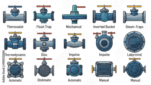 Industrial Boiler Burner and Gas Nozzle Vector Icon Set: Ignition Systems, Combustion Equipment, and Heating Components in Bold Flat Design Graphics
